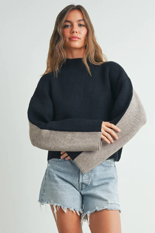 oversized striped pullover sweaters -COLOUR BLOCK MOCK NECK CROPPED SWEATER