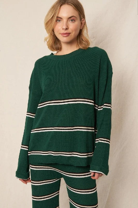 leafy hooded pullover sweaters -STRIPED CREW NECK SWEATER