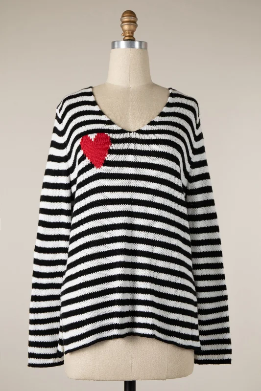 short-sleeve ribbed pullover sweaters -STRIPED V-NECK HEART SWEATER