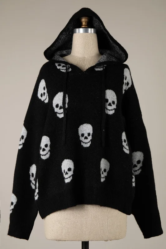 long plaid pullover sweaters -SCATTERED SKULL HOODED SWEATER