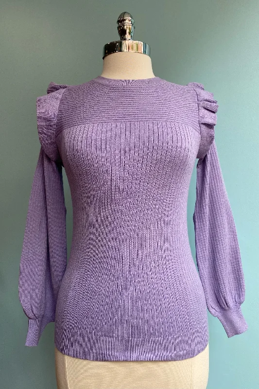 plaid hooded pullover sweaters -Lavender Shoulder Ruffle Crewneck Sweater