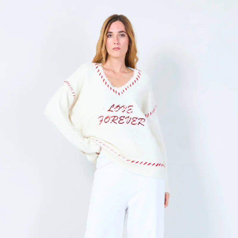 airy ribbed pullover sweaters -Love forever embroidered V-neck sweater wholesale