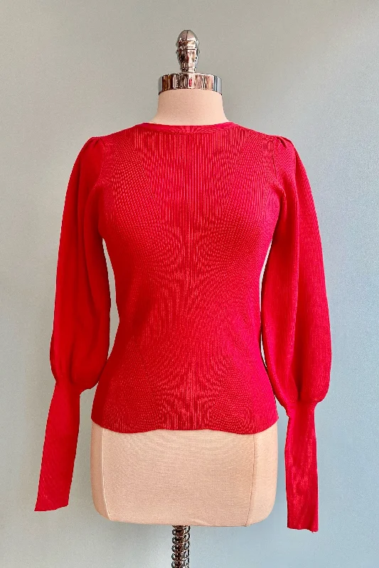 old mohair pullover sweaters -Red Long Cuff Puff Sleeve Sweater