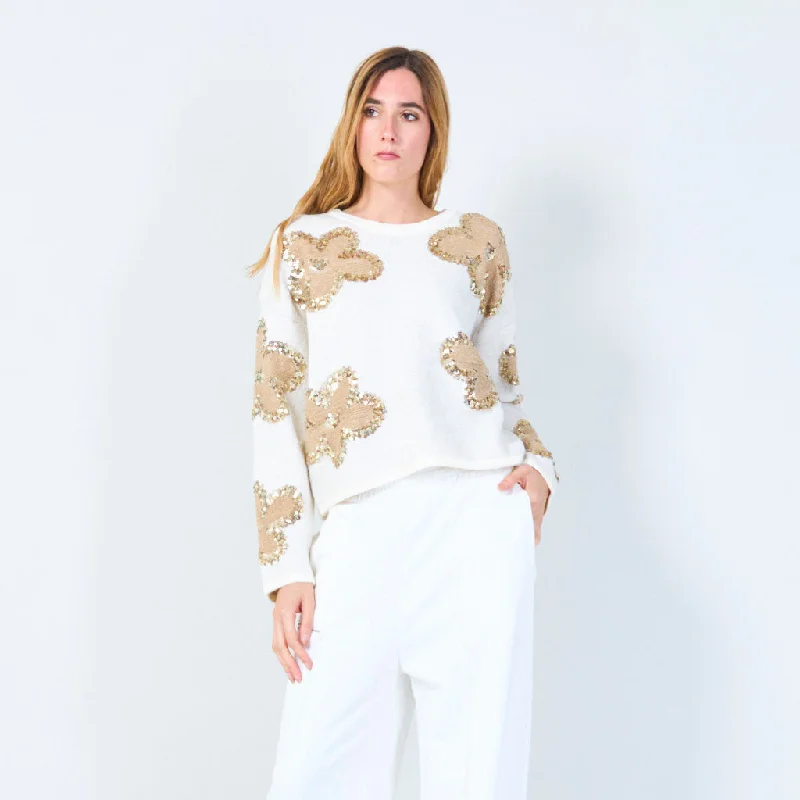 light floral pullover sweaters -Sequin floral pullover sweater wholesale