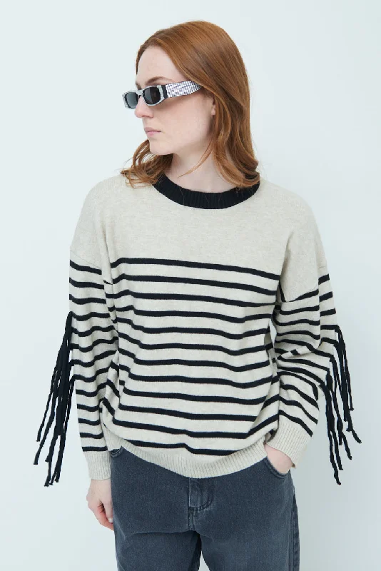 plush mock-neck pullover sweaters -Striped fringe sleeve sweater wholesale