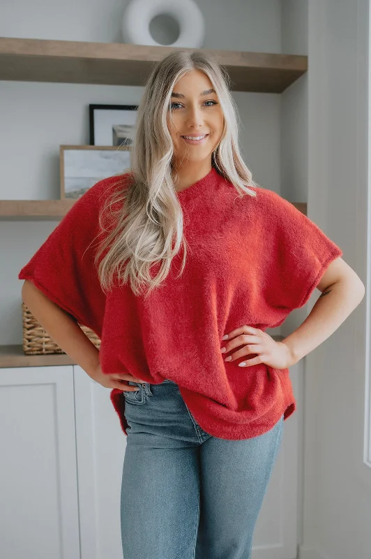 alpaca pullover sweaters for winter -The Dani Short Sleeve Sweater Tee - Red - PLUS