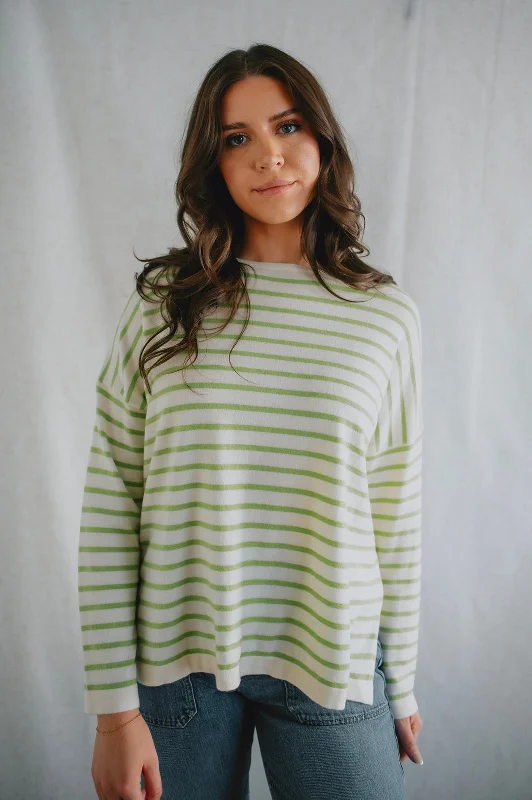 plush ribbed pullover sweaters -The Eileen Striped Sweater by FRNCH - Green Stripe