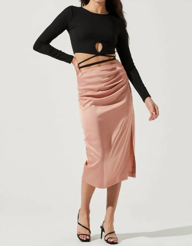 light packing skirts -Perry Ruched Side Slit Midi Skirt In Blush Pink