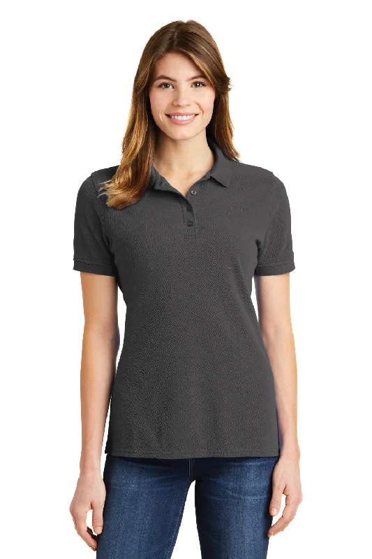 neck curved blouses & shirts -Port & Company Womens Stain Resistant Short Sleeve Polo Shirt - Charcoal Grey - Closeout