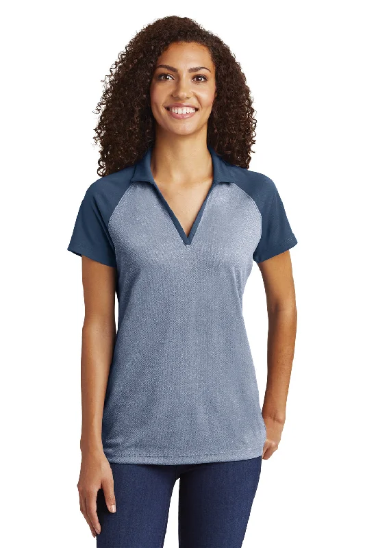 lined warm blouses & shirts -Sport-Tek Womens RacerMesh Moisture Wicking Short Sleeve Polo Shirt - Heather True Navy Blue/True Navy Blue