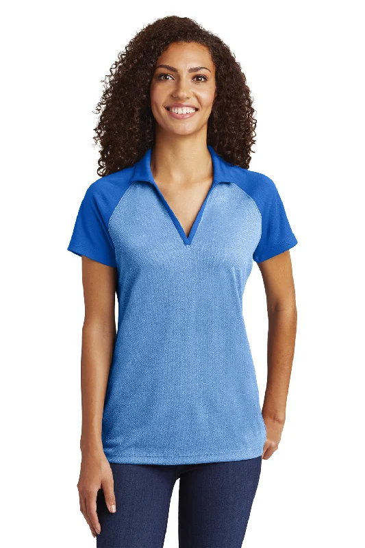 basic clean blouses & shirts -Sport-Tek Womens RacerMesh Moisture Wicking Short Sleeve Polo Shirt - Heather True Royal Blue/True Royal Blue