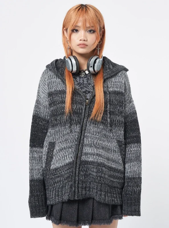 zigzag striped cardigans -Carbon Oversized Knitted Zip-Up Hoodie