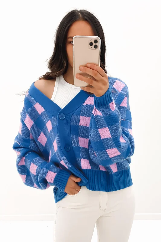 cropped cashmere cardigans -Elena Cardigan Pink Blue Check