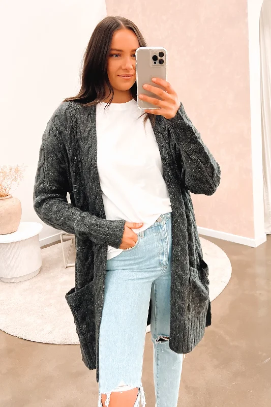 flowing cashmere cardigans -Erin Cable Knit Cardi Charcoal