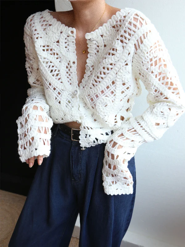 comfy wool cardigans -Crocheted Hollow Graceful Beaded Button Cardigan