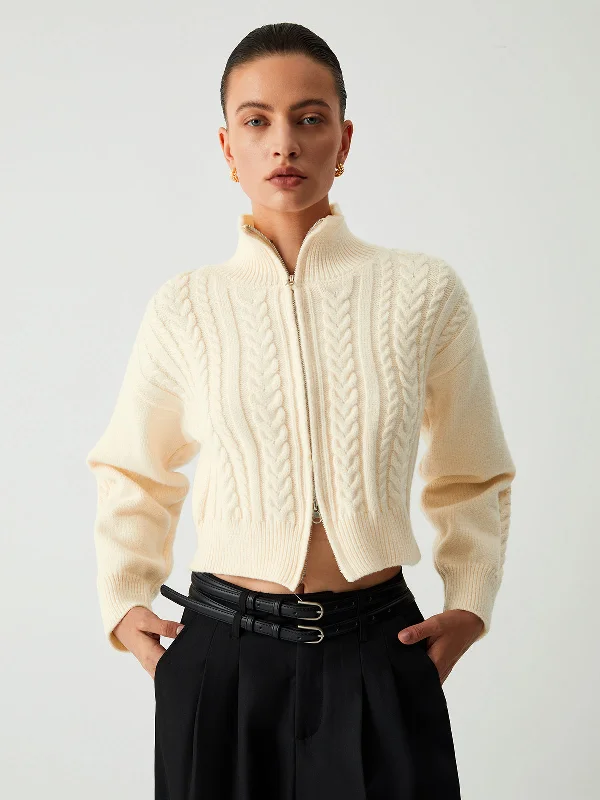 light cardigans for spring -Cable Knit Two Trendy Way Zip Crop Cardigan