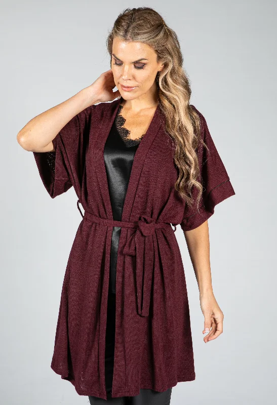 neutral floral cardigans -Fine Knit Kimono Cardigan in Wine