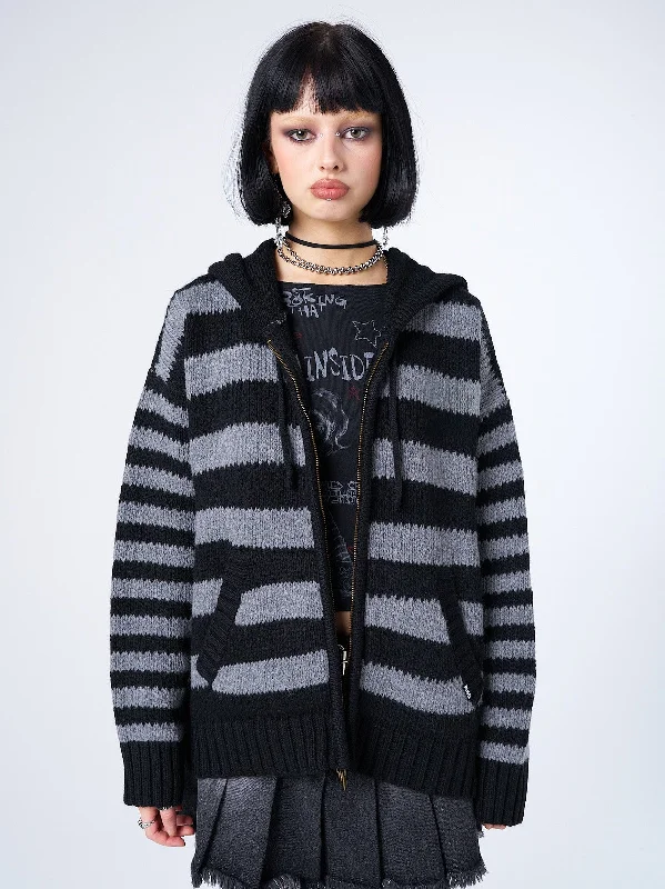 flowing striped cardigans -Hazardous Oversized Knitted Zip-Up Hoodie