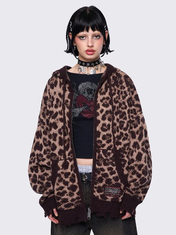 thick hooded cardigans -Leopard Knitted Zip-Up Hoodie