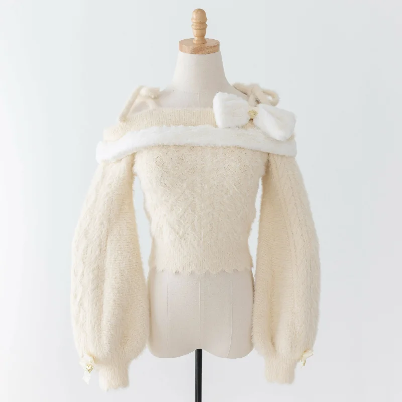 thick ribbed cardigans -Lilia & Lace Bunny Ear Knit Sweater with Engraved Heart Charms (Cream)