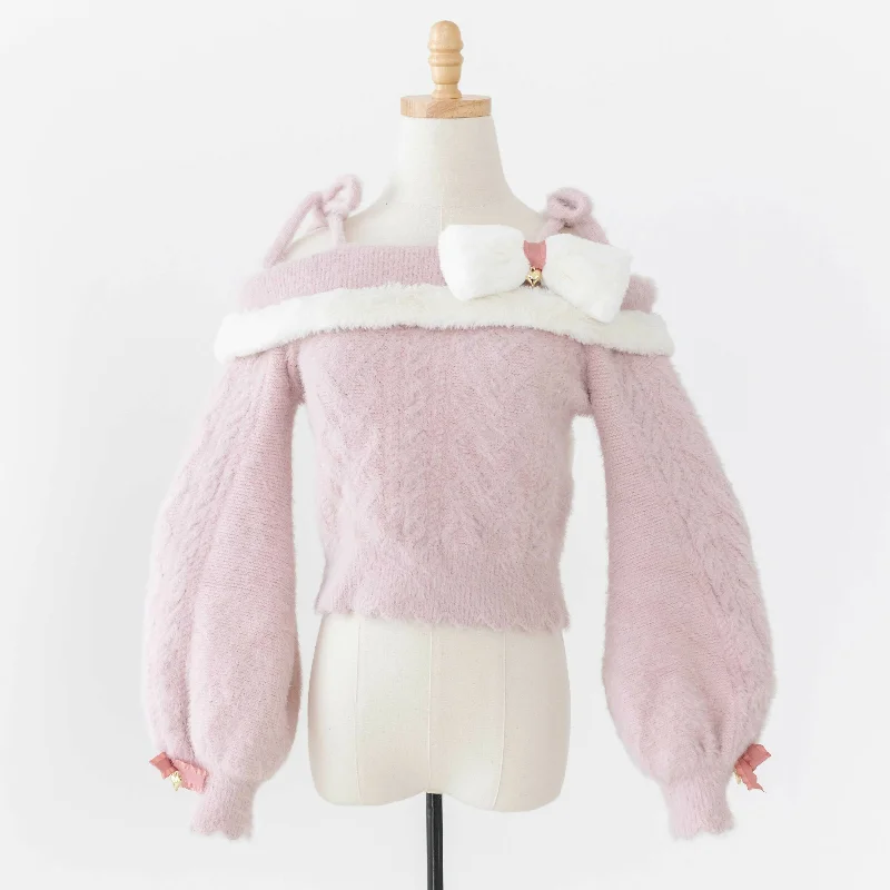 oversized weave ribbed cardigans -Lilia & Lace Bunny Ear Knit Sweater with Engraved Heart Charms (Pink)