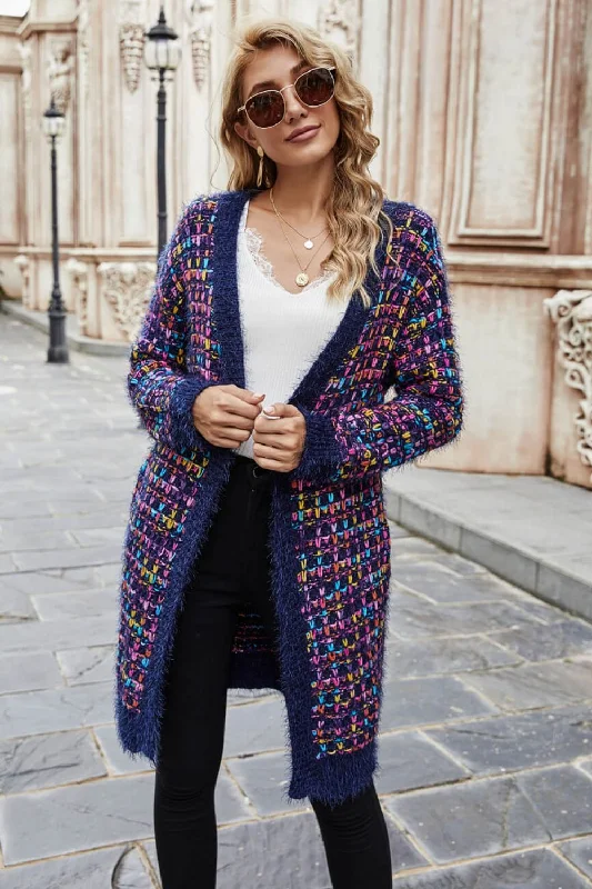 heavy ribbed cardigans -Multicolored Ribbed Trim Open Front Cardigan with Pockets