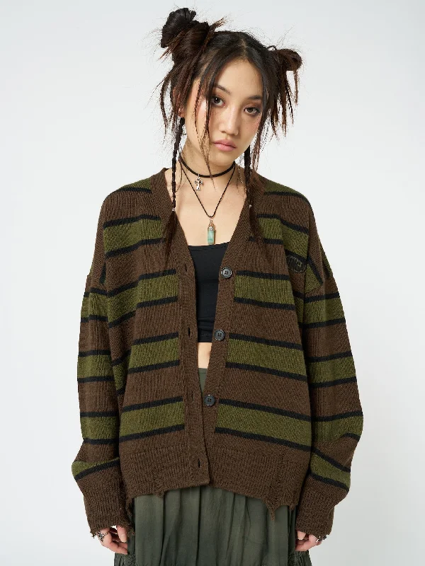 light hooded cardigans -Neesa Brown & Green Stripe Knit Cardigan