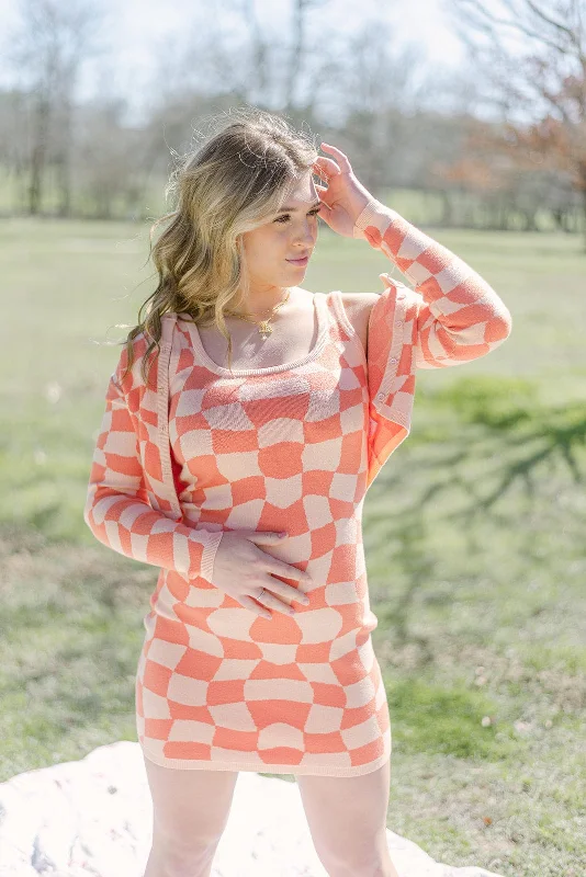 soft plaid cardigans -Peach Checkerboard Set Cardigan