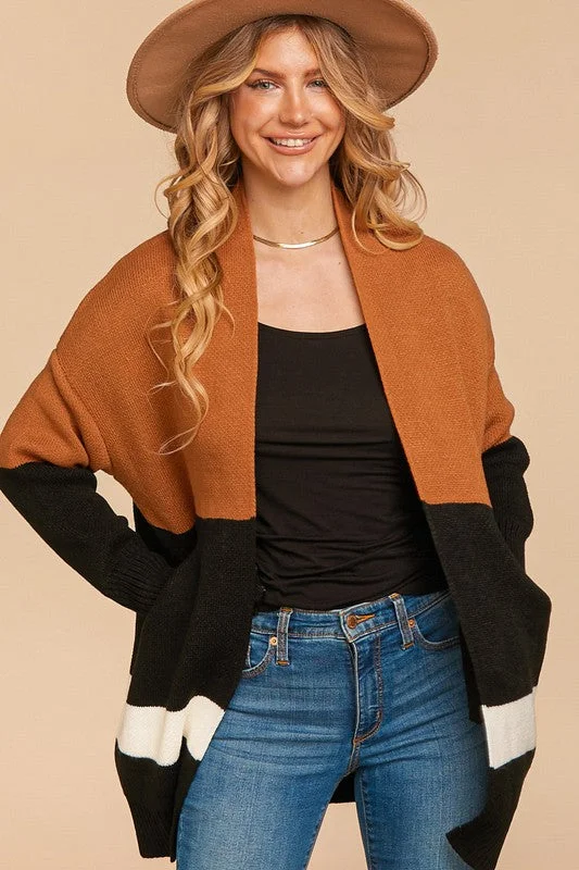 crafted ribbed cardigans -Plus size color block midi length oversized cardigan