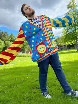 twisted ribbed cardigans -Primary Colored Clown Cardigan