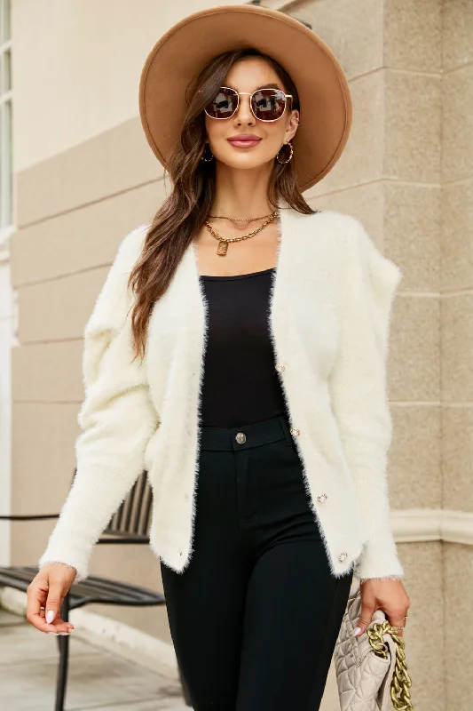 thick ribbed cardigans -Puff Sleeve V-Neck Fuzzy Cardigan