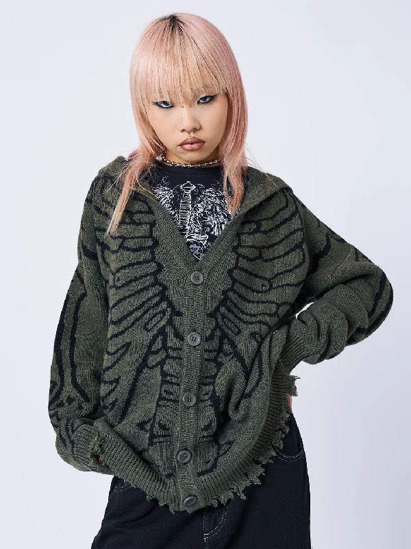 botanical striped cardigans -X-Ray Jacquard Green Hooded Knit Cardigan