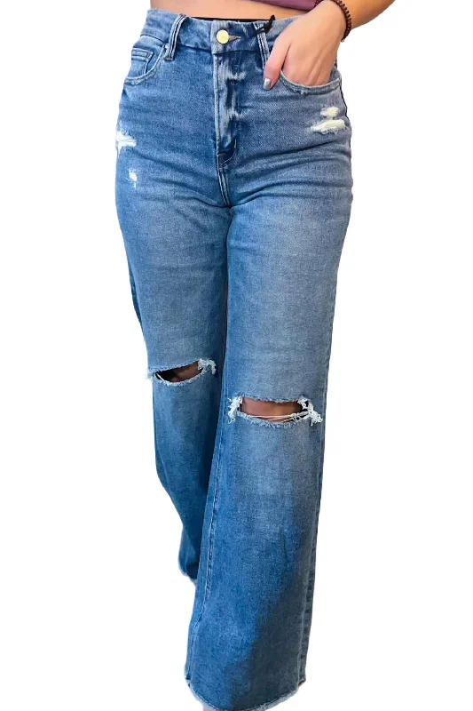 crisp cut pants -Becca Wide Leg Distressed Denim Jean In Blue