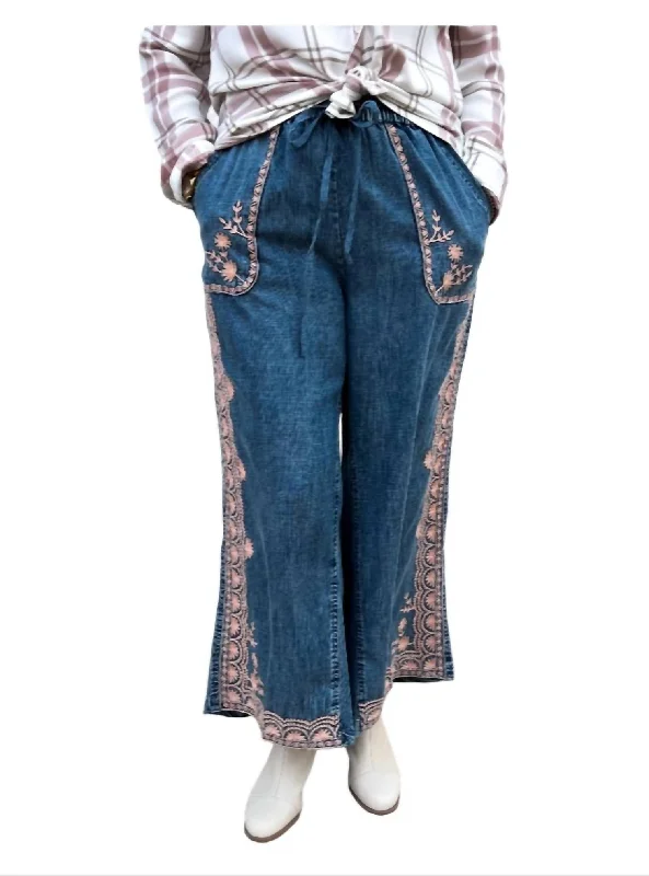 soft mix pants -Border Embroidery Denim Pants In Blue