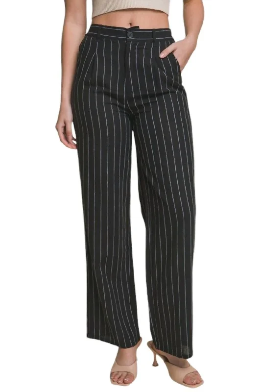 retro high rise pants -Cotton Linen Straight Pants In Black/white Stripe