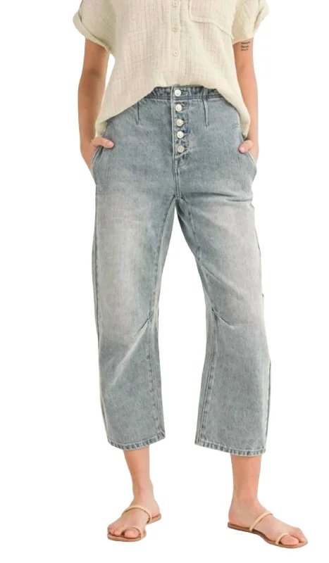 edge curved pants -Denim Button Front Barrel Jean In Blue