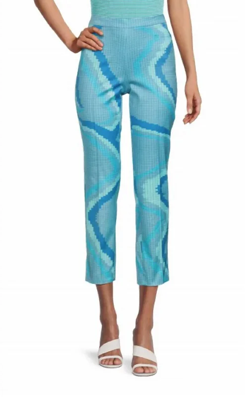 neutral simple pants -Franca Wave Print Ankle Dress Pant In Turquoise Multi