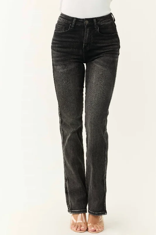 curved edge pants -High Rise Straight Jeans With Side Slit In Black