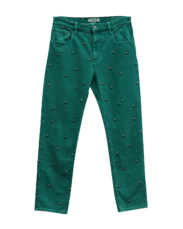 stretchy textured pants -Isabel Marant Etoile Pearl Studded Jeans in Green Cotton