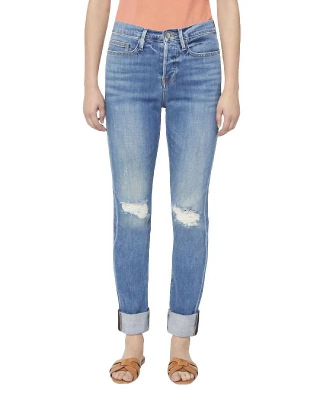 sleek straight leg pants -Le Beau Ankle Straight Leg Boyfriend Jeans In Cleo Rips