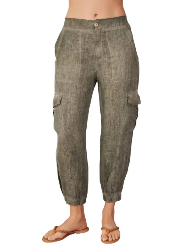 flexible yoga pants -Linen Cargo Pants In Antique Army Green