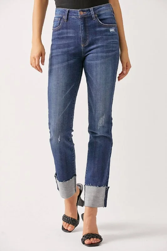 neutral simple pants -Mid Rise Boyfriend Cuffed Jeans In Dark Wash