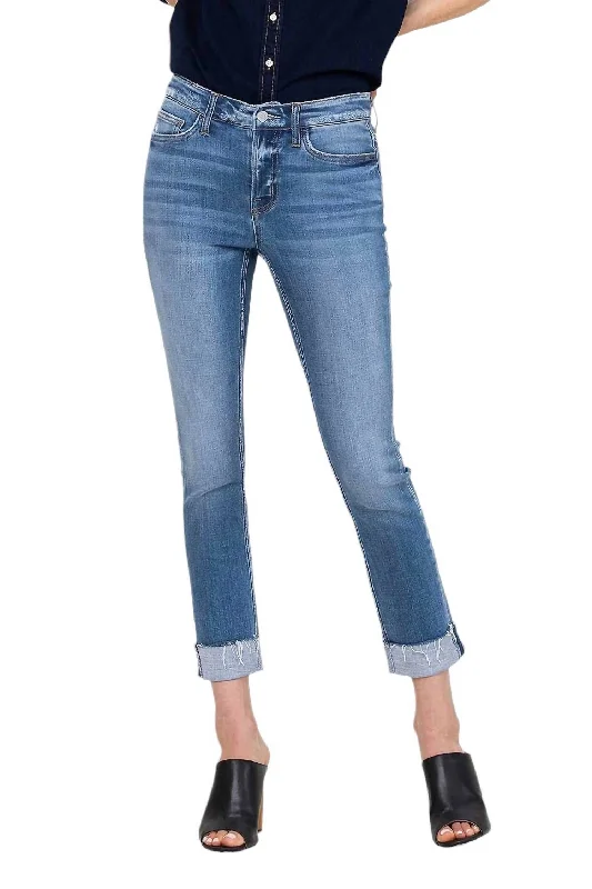 silky twill pants -Mid Rise Cuffed Straight Jeans In Medium Wash