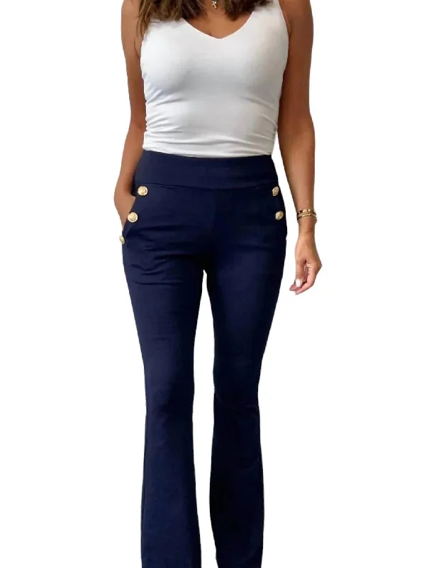 elegant straight pants -Ponte Pants With Gold Buttons In Navy