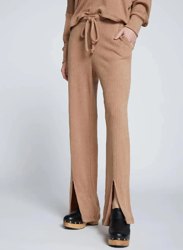 cool palazzo pants -Rachel Chunky Rib Front Slit Tie Pant In Toffee