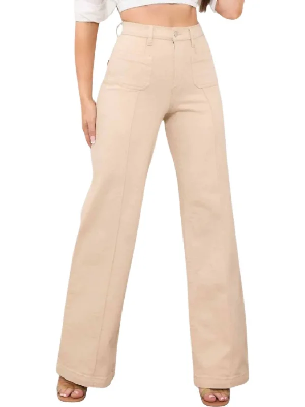 fitness sleek pants -Square Pocket Wide Leg Jeans In Sand