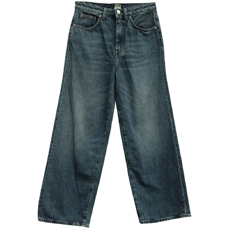 modern fitted pants -Totême Flare Fit Denim Washed Jeans in Blue Cotton