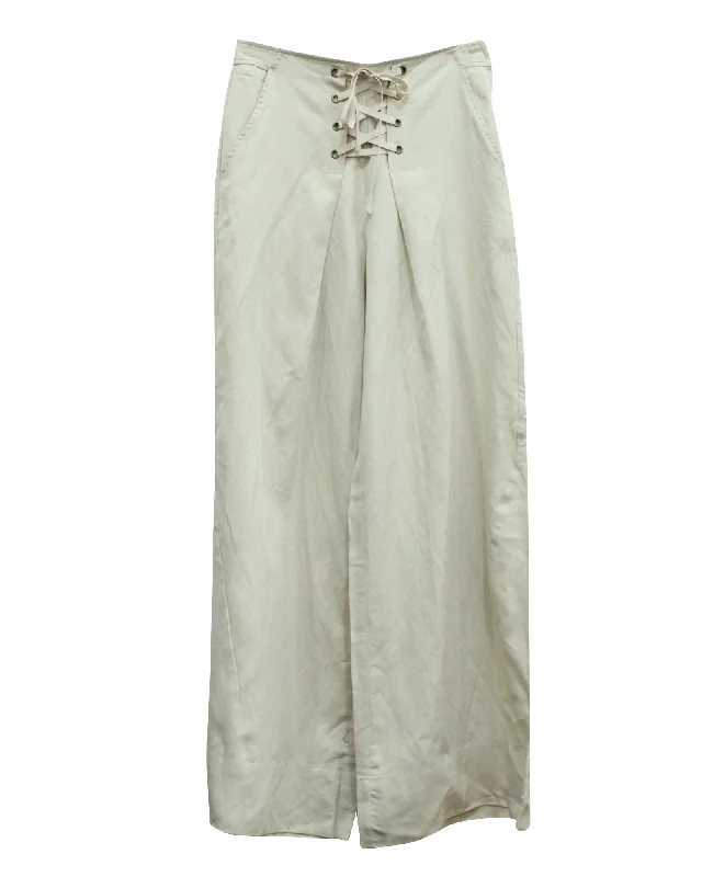 plain basic pants -Ulla Johnson Lace Up Pleated Twill Pants in Beige Lyocell