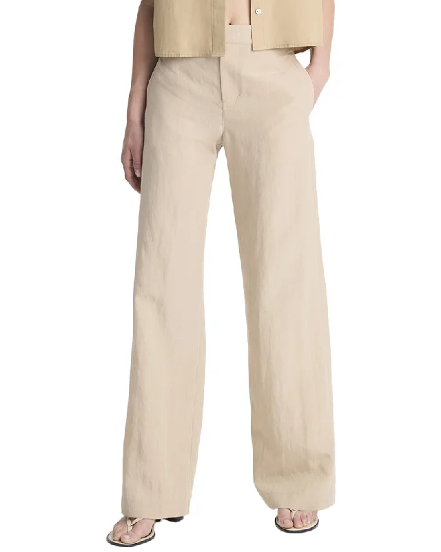 sleek solid pants -Vince Mid Rise Textured Wool-Blend Wide Leg Trouser