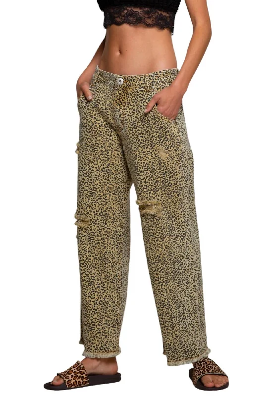 flowy hem pants -Wide Straight Leg Leopard Print Crop Vintage Denim In Mustard